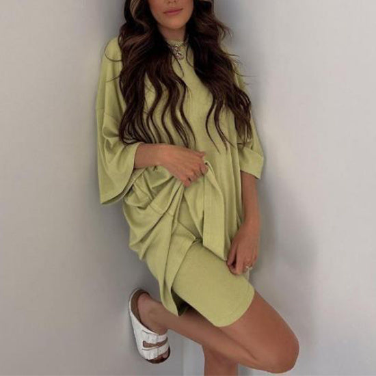 Women’s Summer Shorts Suit Set – Loose Short-Sleeve Tee & High-Waist Slim Pants