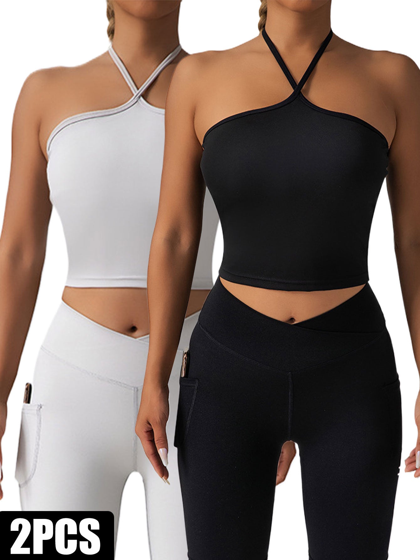 2-Piece Halter Crop Top & High-Waist Leggings Set – Activewear with Side Pockets
