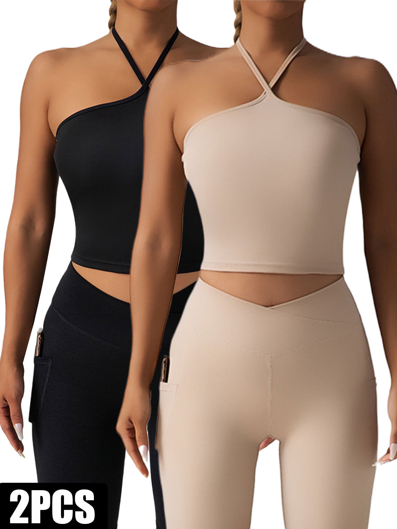 2-Piece Halter Crop Top & High-Waist Leggings Set – Activewear with Side Pockets