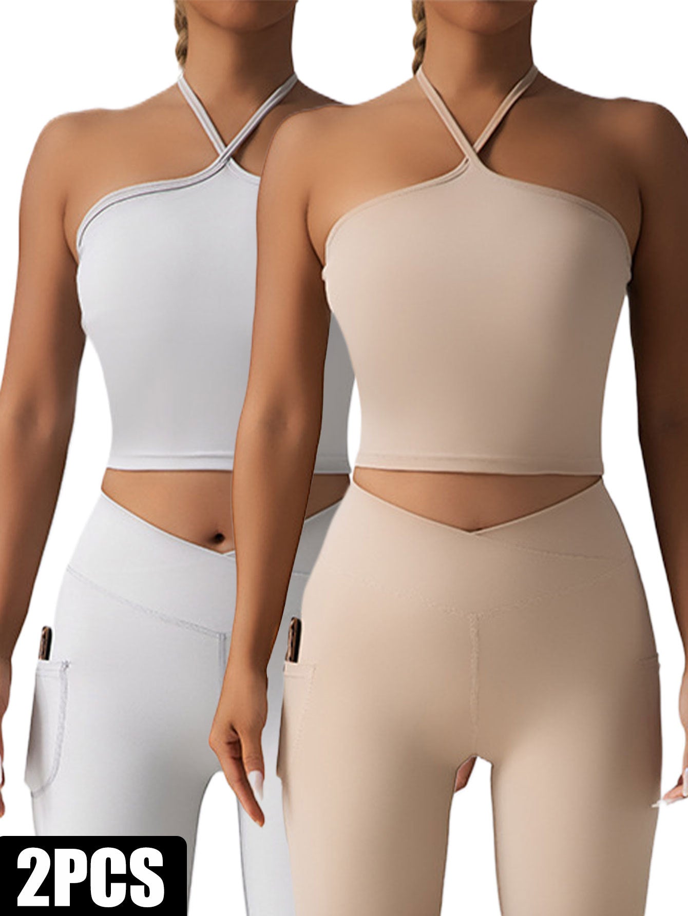 2-Piece Halter Crop Top & High-Waist Leggings Set – Activewear with Side Pockets