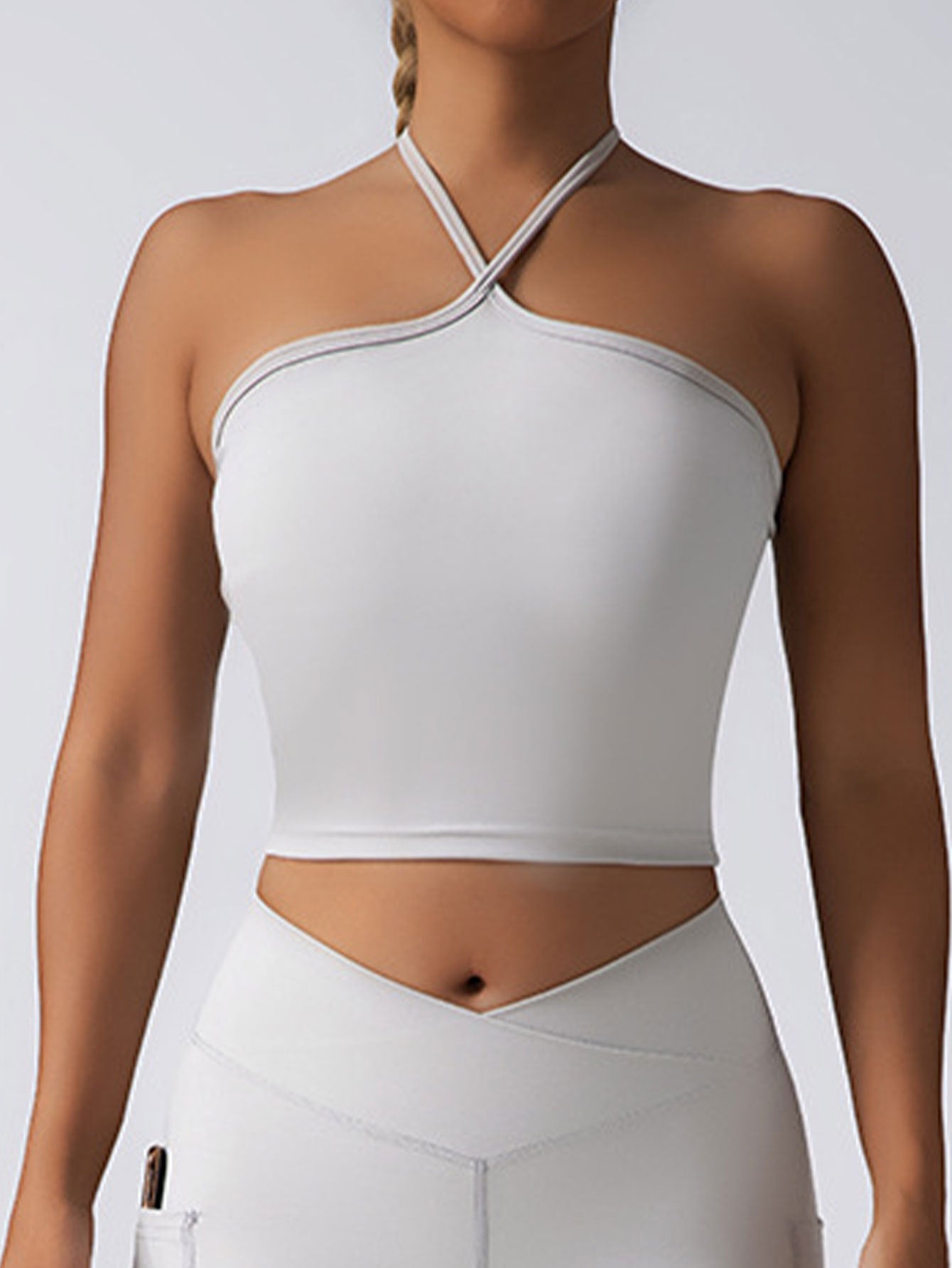 2-Piece Halter Crop Top & High-Waist Leggings Set – Activewear with Side Pockets