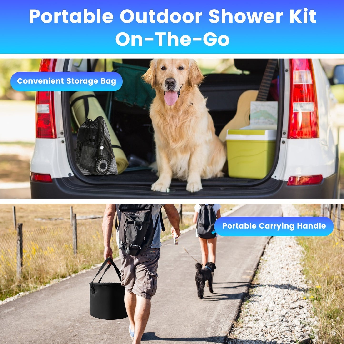 Portable Camping Shower Kit – IPX7 Waterproof w/ 6000mAh Battery & 5.3G Foldable Bucket