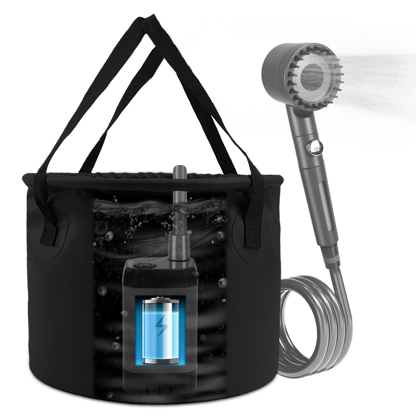 Portable Camping Shower Kit – IPX7 Waterproof w/ 6000mAh Battery & 5.3G Foldable Bucket
