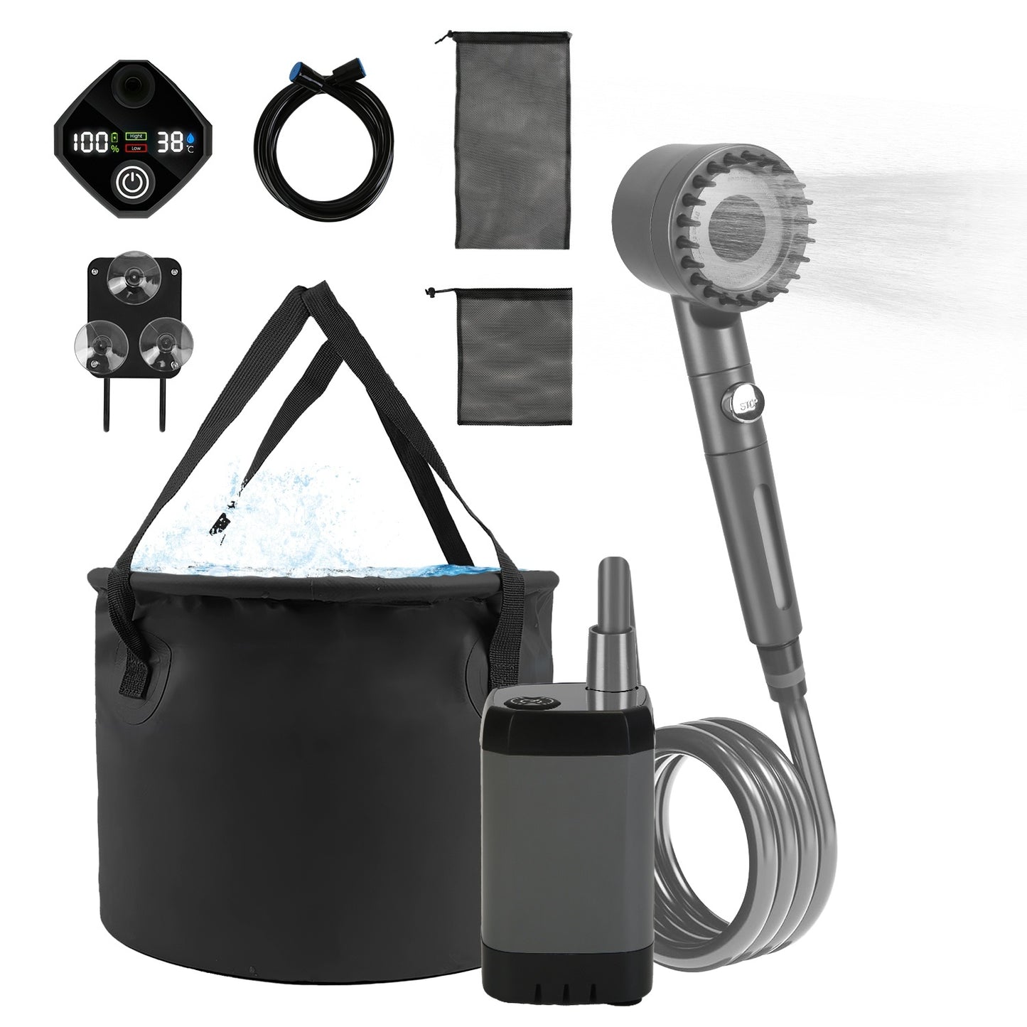 Portable Camping Shower Kit – IPX7 Waterproof w/ 6000mAh Battery & 5.3G Foldable Bucket