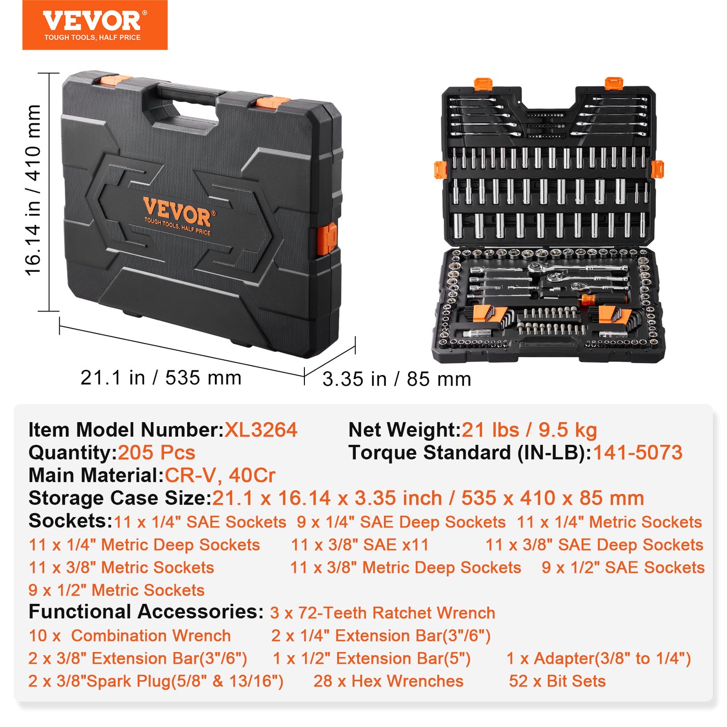 VEVOR Mechanics Tool Set And Socket Set, Drive Deep And Standard Sockets, 205 Pcs SAE And Metric Mechanic Tool Kit With Bits, Combination Wrench, Hex Wrenches, Accessories, Storage Case