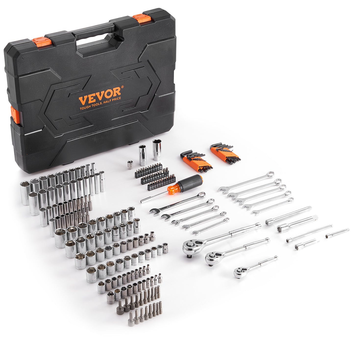 VEVOR Mechanics Tool Set And Socket Set, Drive Deep And Standard Sockets, 205 Pcs SAE And Metric Mechanic Tool Kit With Bits, Combination Wrench, Hex Wrenches, Accessories, Storage Case