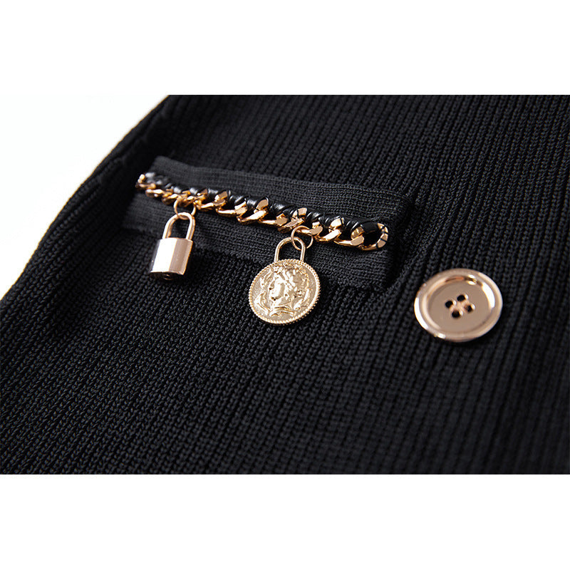 Chain Metal Buckle Shoulder Cotton INS Style Elegant Knitted Dress