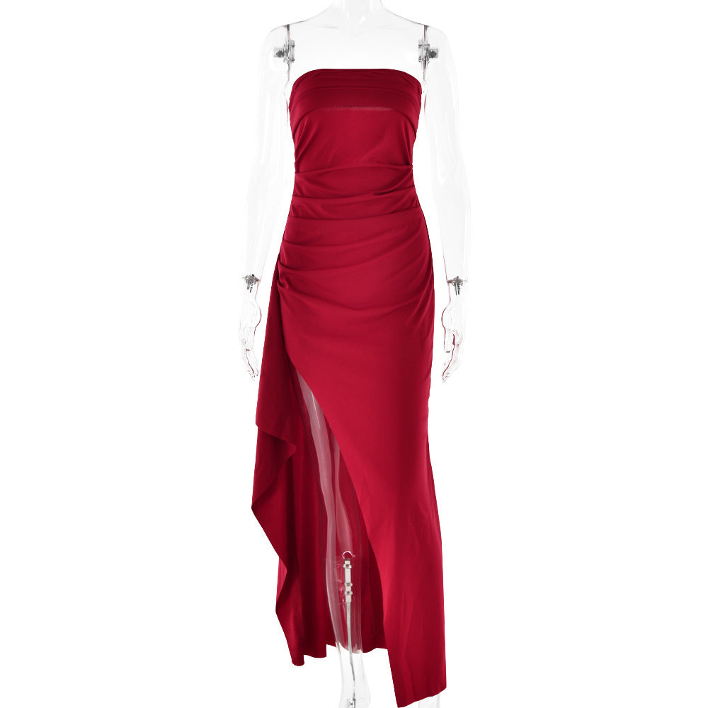Elegant Strapless Maxi Dress – Pleated Design with High Slit