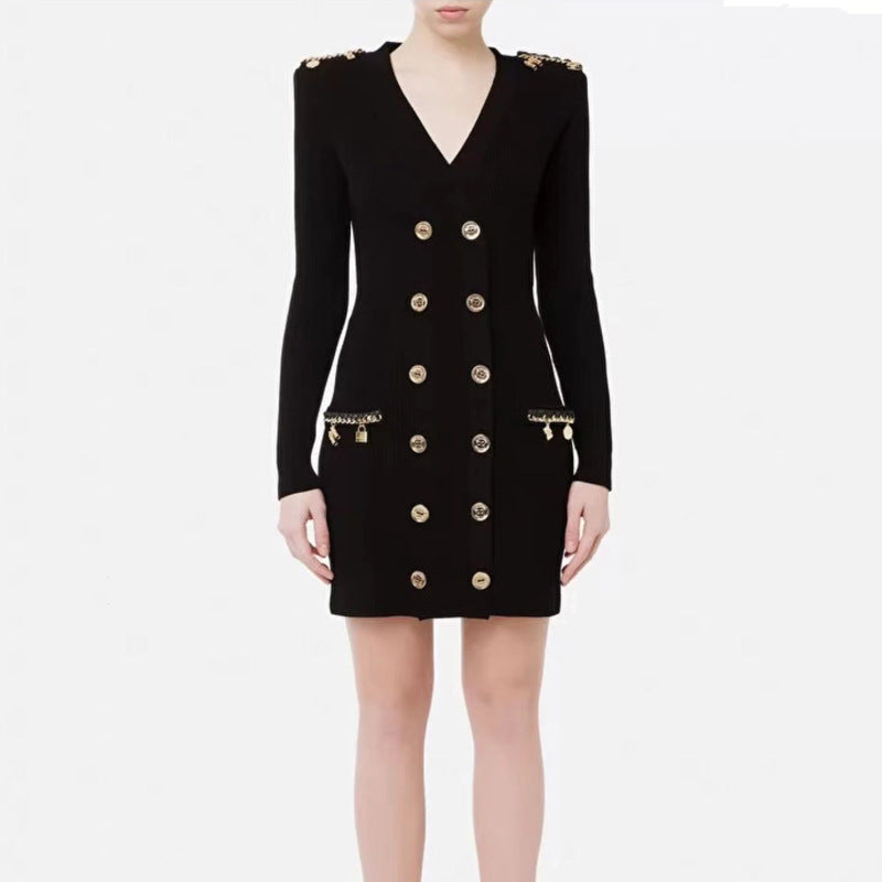 Chain Metal Buckle Shoulder Cotton INS Style Elegant Knitted Dress