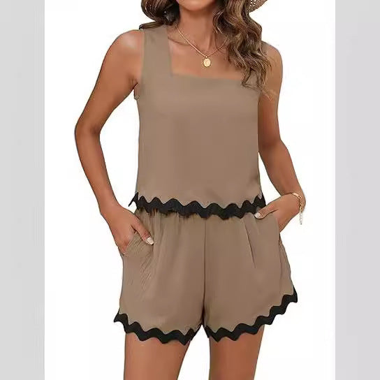 Fashion Casual Corrugated Lace Sleeveless Shorts Suit