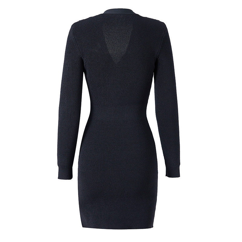 Chain Metal Buckle Shoulder Cotton INS Style Elegant Knitted Dress