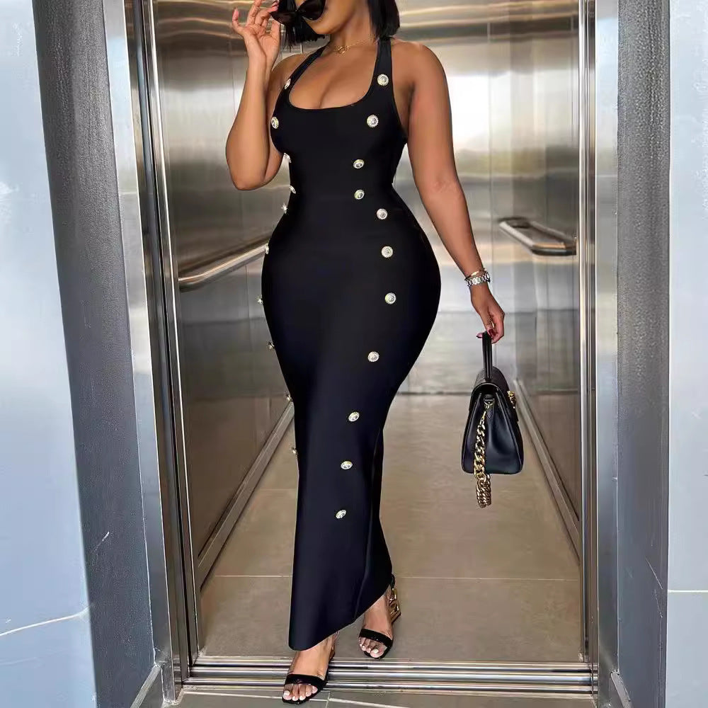 Midnight Ties Dress – High-Waist Bandage Suspender Dress With Button Detail