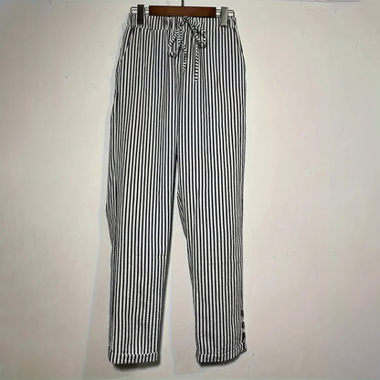 Women's Striped Elastic Waist Pants - Button Accent With Pockets, Casual Comfort Trousers For Spring&Fall