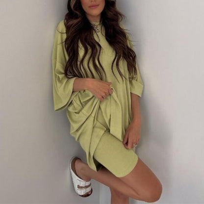 Women’s Summer Shorts Suit Set – Loose Short-Sleeve Tee & High-Waist Slim Pants