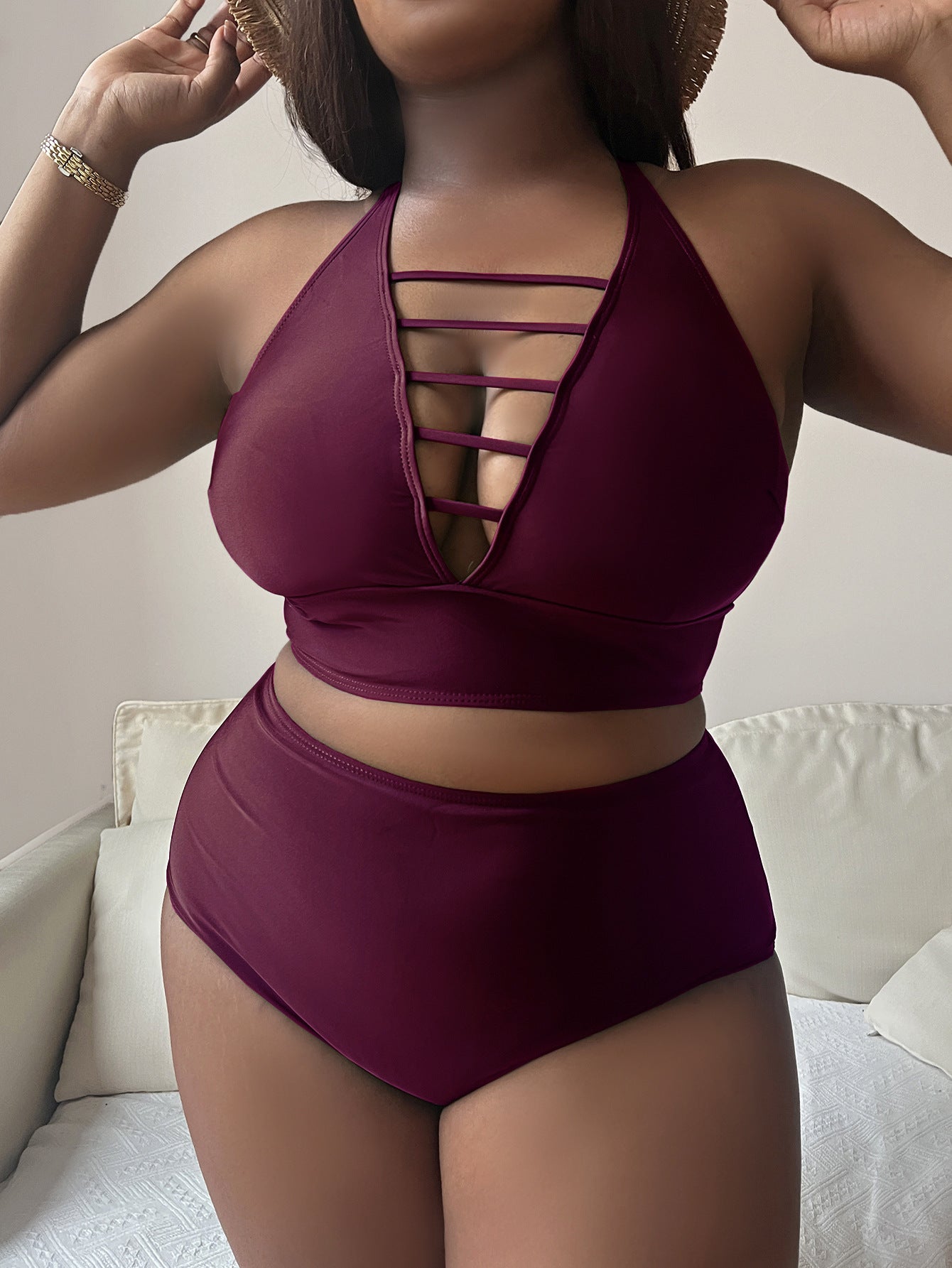 Plus Size Hollow Cross Halter Bikini – Adjustable Straps, Solid Color, Curve-Flattering Fit