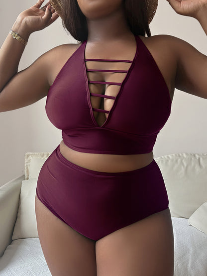 Plus Size Hollow Cross Halter Bikini – Adjustable Straps, Solid Color, Curve-Flattering Fit
