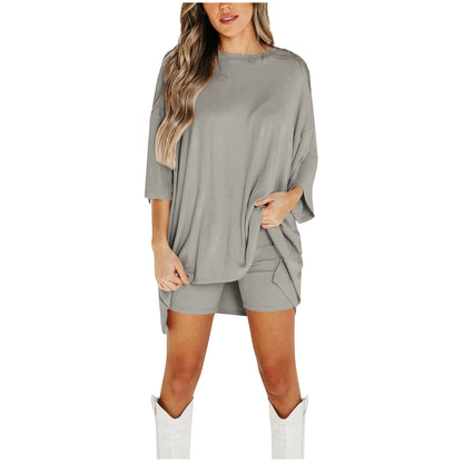 Women’s Summer Shorts Suit Set – Loose Short-Sleeve Tee & High-Waist Slim Pants