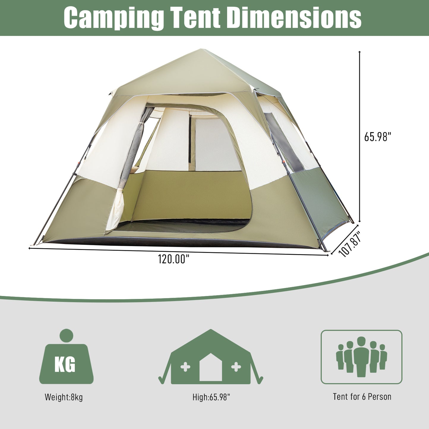 6-Person Automatic Camping Tent – Army Green & Beige, Waterproof Polyester with Iron Frame