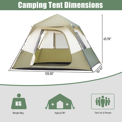 6-Person Automatic Camping Tent – Army Green & Beige, Waterproof Polyester with Iron Frame