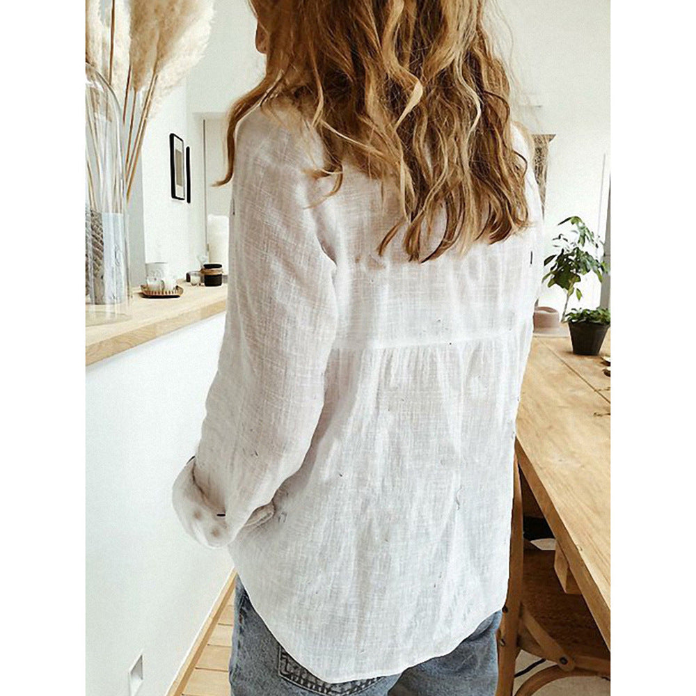 Women's Long Sleeve Lapel Shirt – Solid Color Button-Up Top