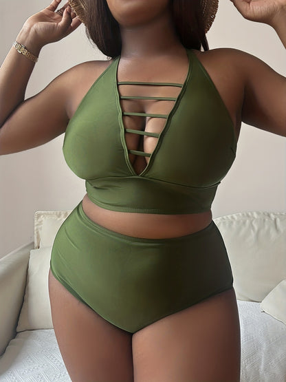 Plus Size Hollow Cross Halter Bikini – Adjustable Straps, Solid Color, Curve-Flattering Fit