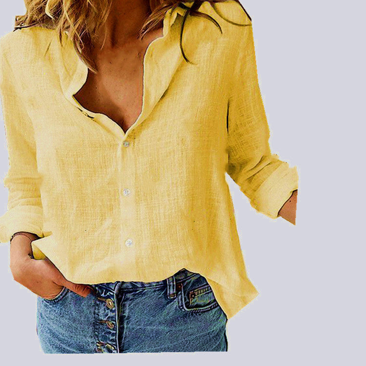 Women's Long Sleeve Lapel Shirt – Solid Color Button-Up Top