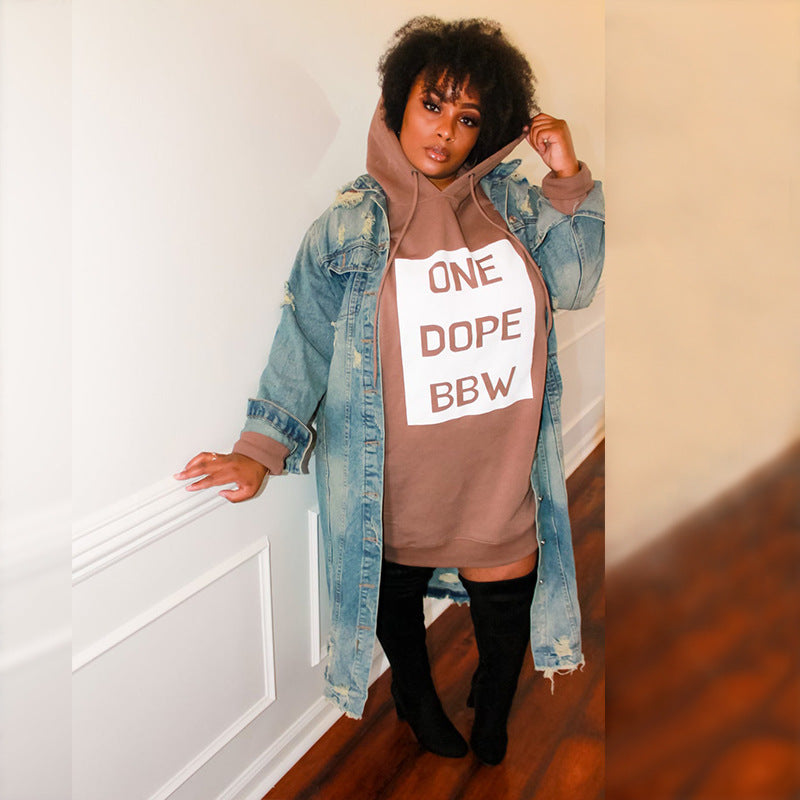 Plus Size Hoodie Mini Dress – Letter Print, Casual Loose Fit, Spring Sweat Suit Style