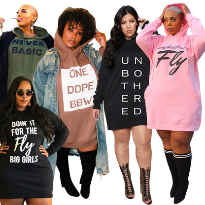 Plus Size Hoodie Mini Dress – Letter Print, Casual Loose Fit, Spring Sweat Suit Style