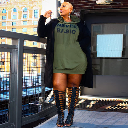Plus Size Hoodie Mini Dress – Letter Print, Casual Loose Fit, Spring Sweat Suit Style