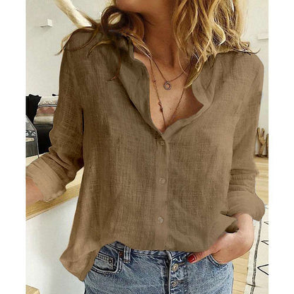 Women's Long Sleeve Lapel Shirt – Solid Color Button-Up Top