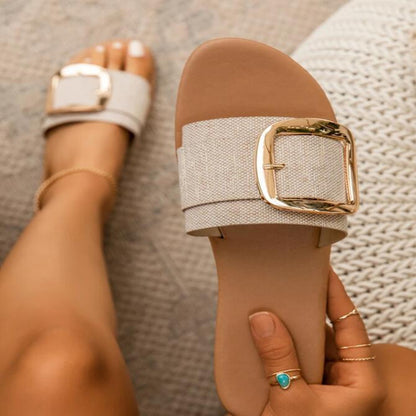 Buckle Slippers Leopard Print Sandals Women Summer Flat Beach Shoes
