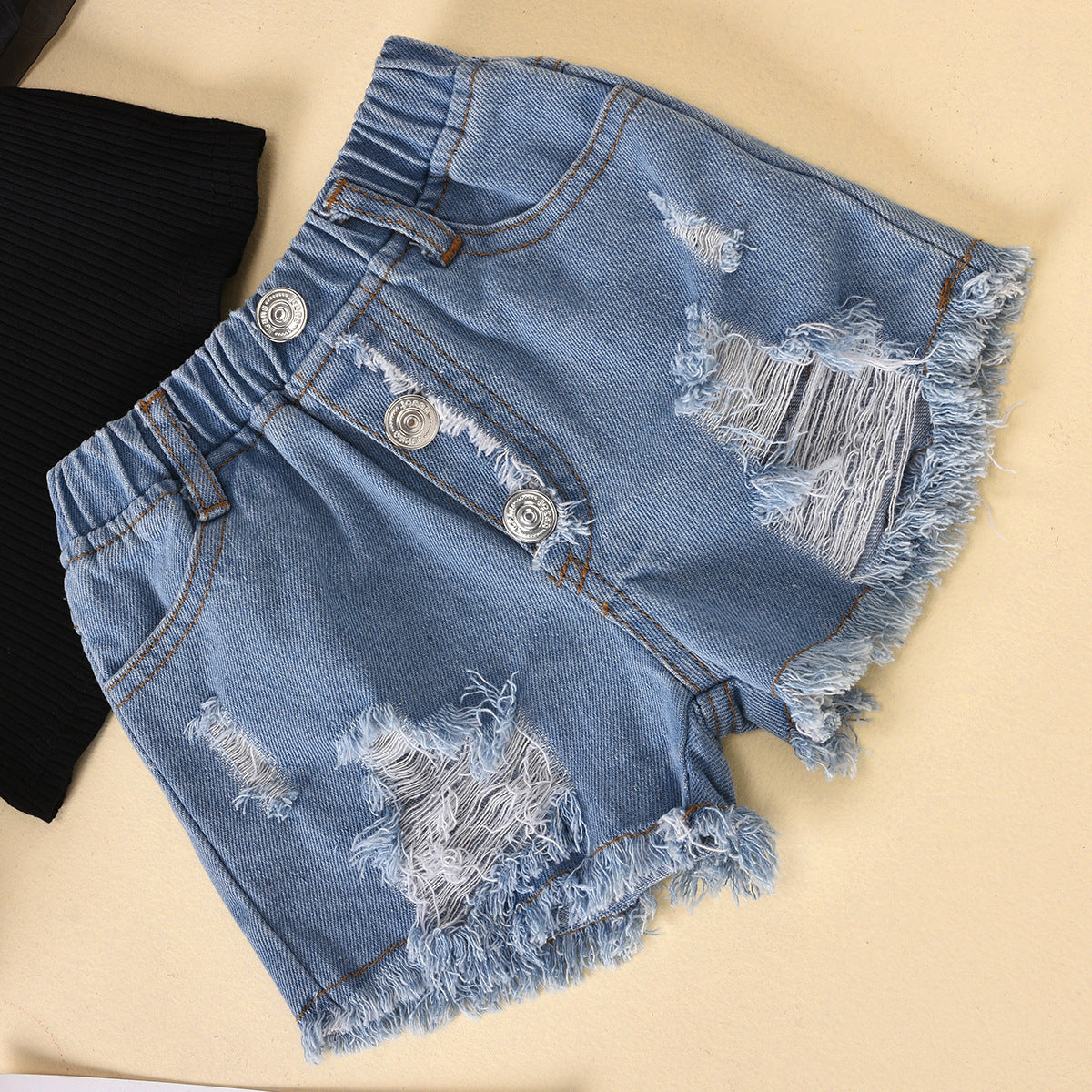 Girls’ Striped Top & Ripped Denim Shorts Set – Cotton Mesh Sleeve Summer Outfit