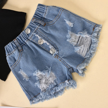 Girls’ Striped Top & Ripped Denim Shorts Set – Cotton Mesh Sleeve Summer Outfit