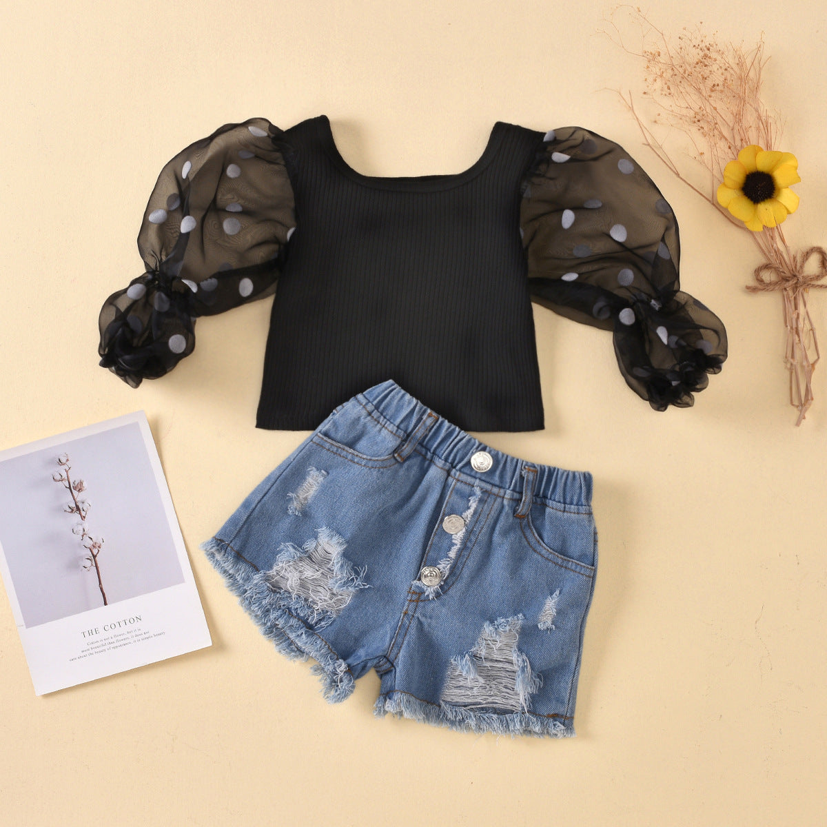 Girls’ Striped Top & Ripped Denim Shorts Set – Cotton Mesh Sleeve Summer Outfit