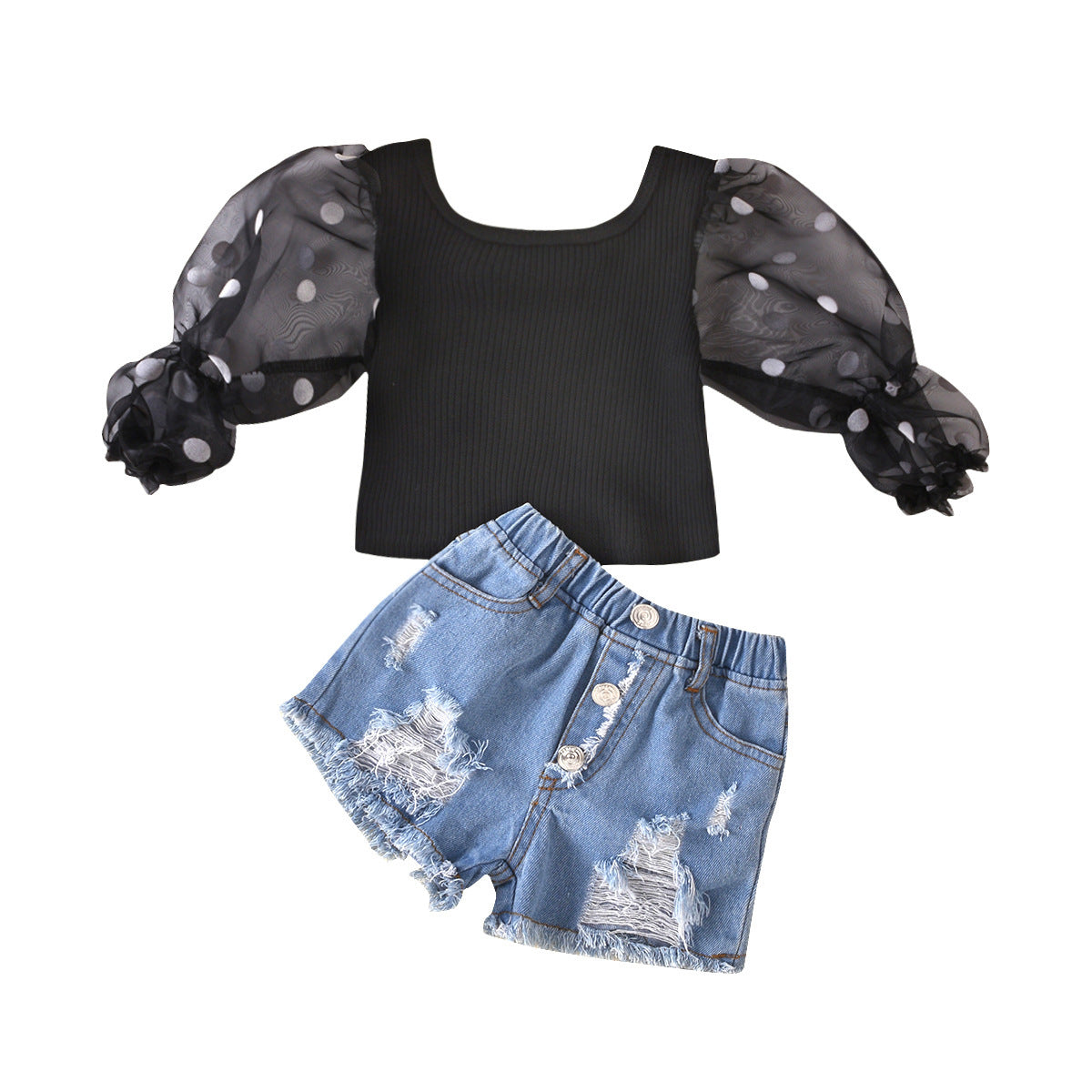 Girls’ Striped Top & Ripped Denim Shorts Set – Cotton Mesh Sleeve Summer Outfit