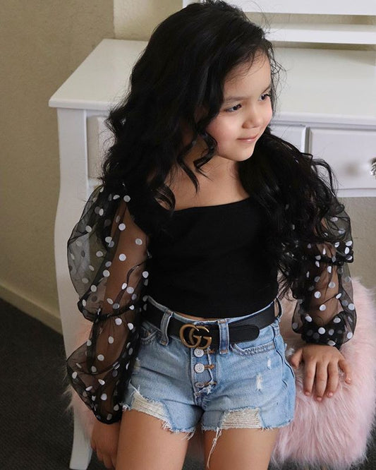 Girls’ Striped Top & Ripped Denim Shorts Set – Cotton Mesh Sleeve Summer Outfit
