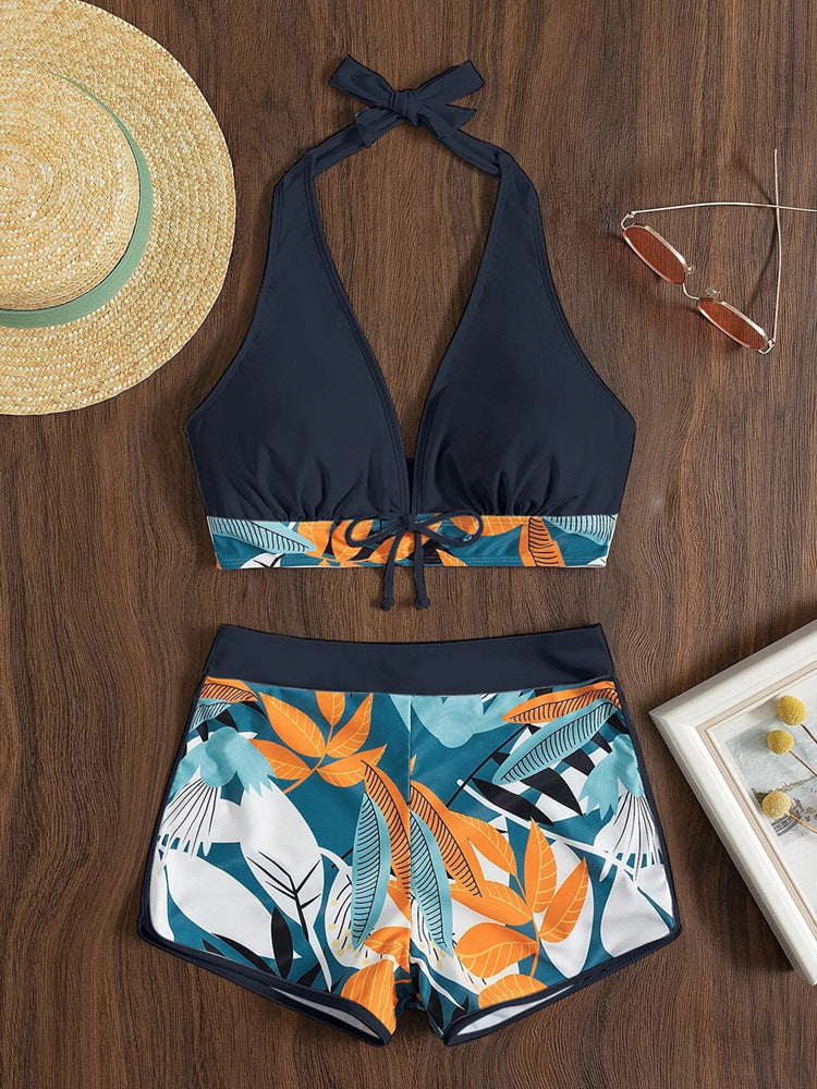 Swimming Bikini Set – Split Printed Design with Sexy Boxer Bottoms
