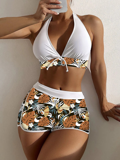 Swimming Bikini Set – Split Printed Design with Sexy Boxer Bottoms