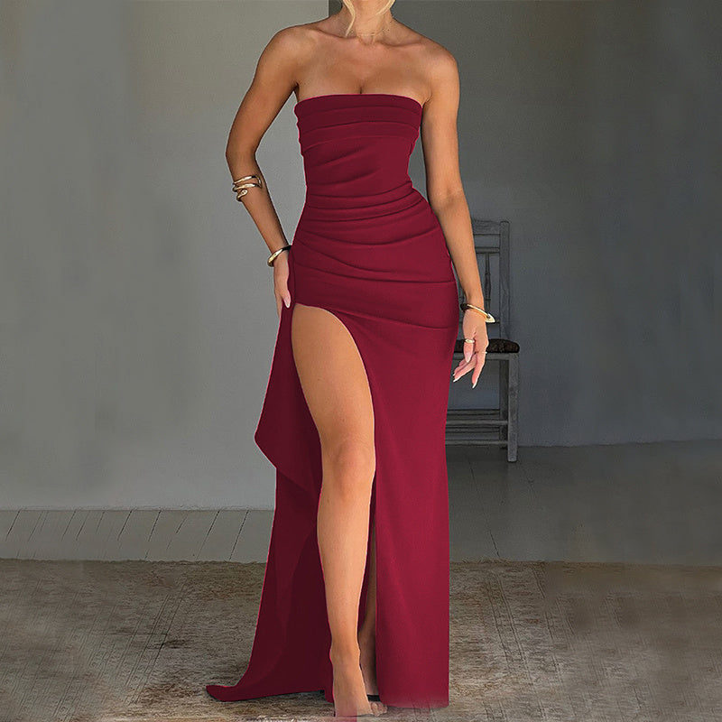 Elegant Strapless Maxi Dress – Pleated Design with High Slit