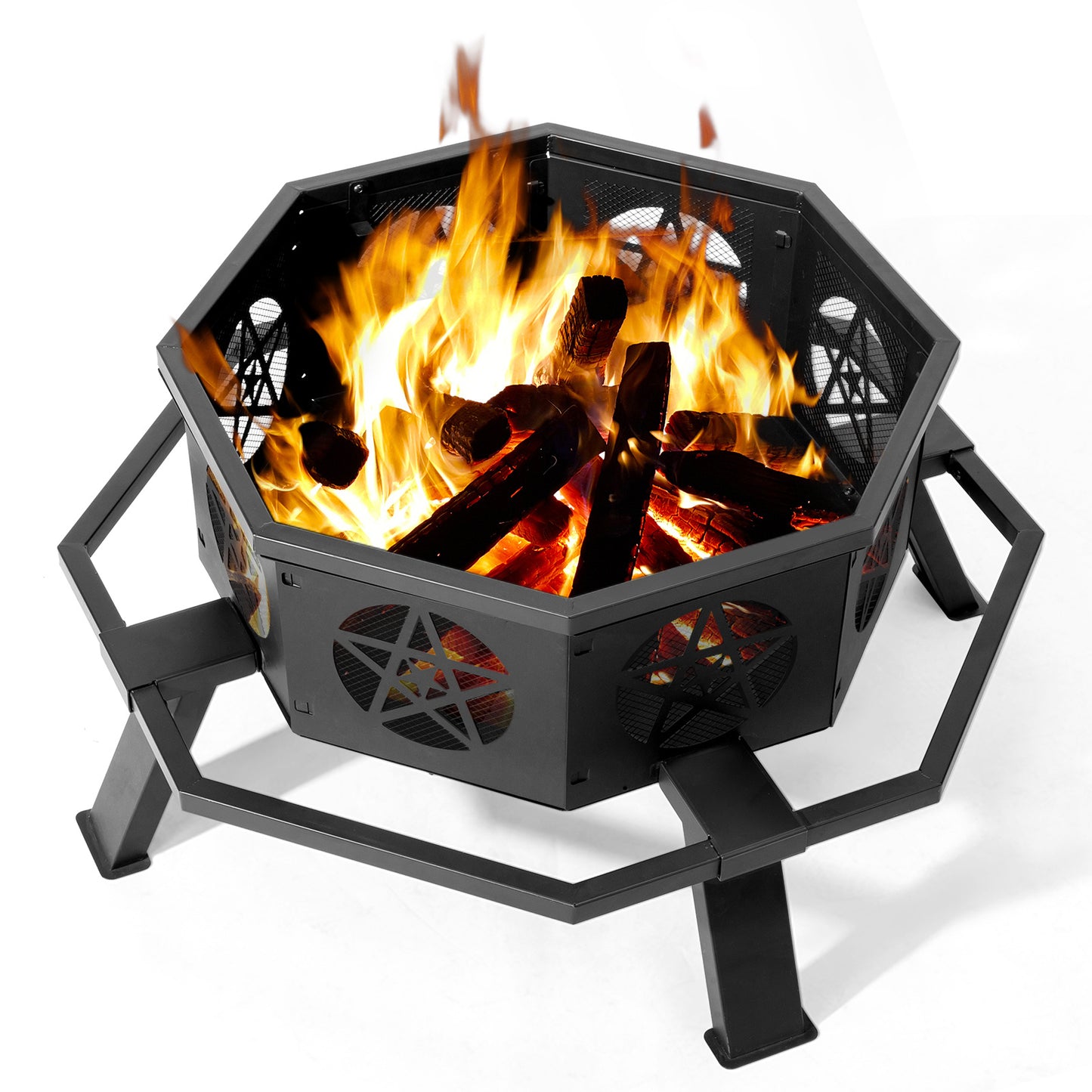 Nomadix EmberForge Brazier – 35" Octagonal Wrought Iron Fire Pit With Pentagram Base