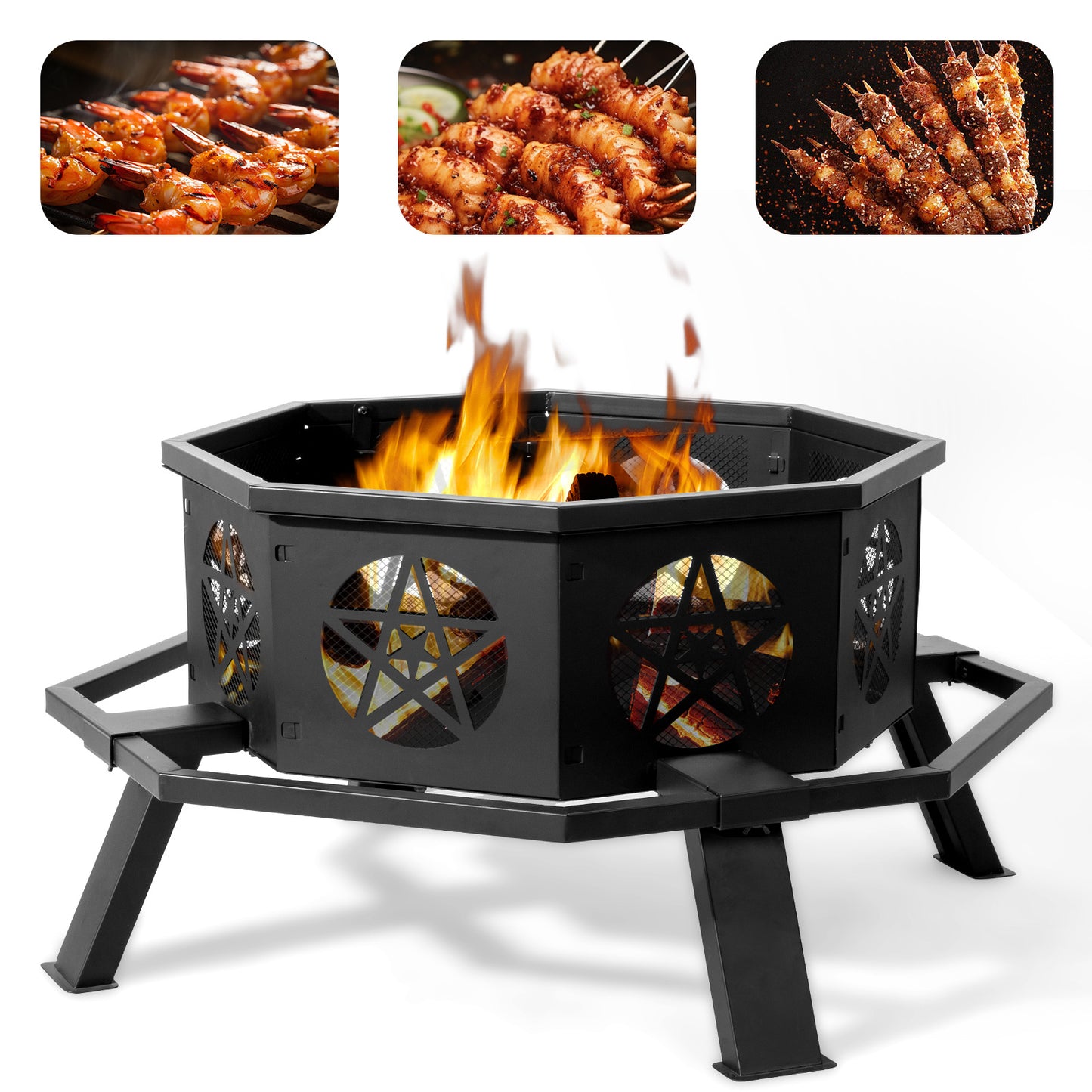 Nomadix EmberForge Brazier – 35" Octagonal Wrought Iron Fire Pit With Pentagram Base