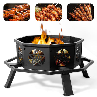 Nomadix EmberForge Brazier – 35" Octagonal Wrought Iron Fire Pit With Pentagram Base