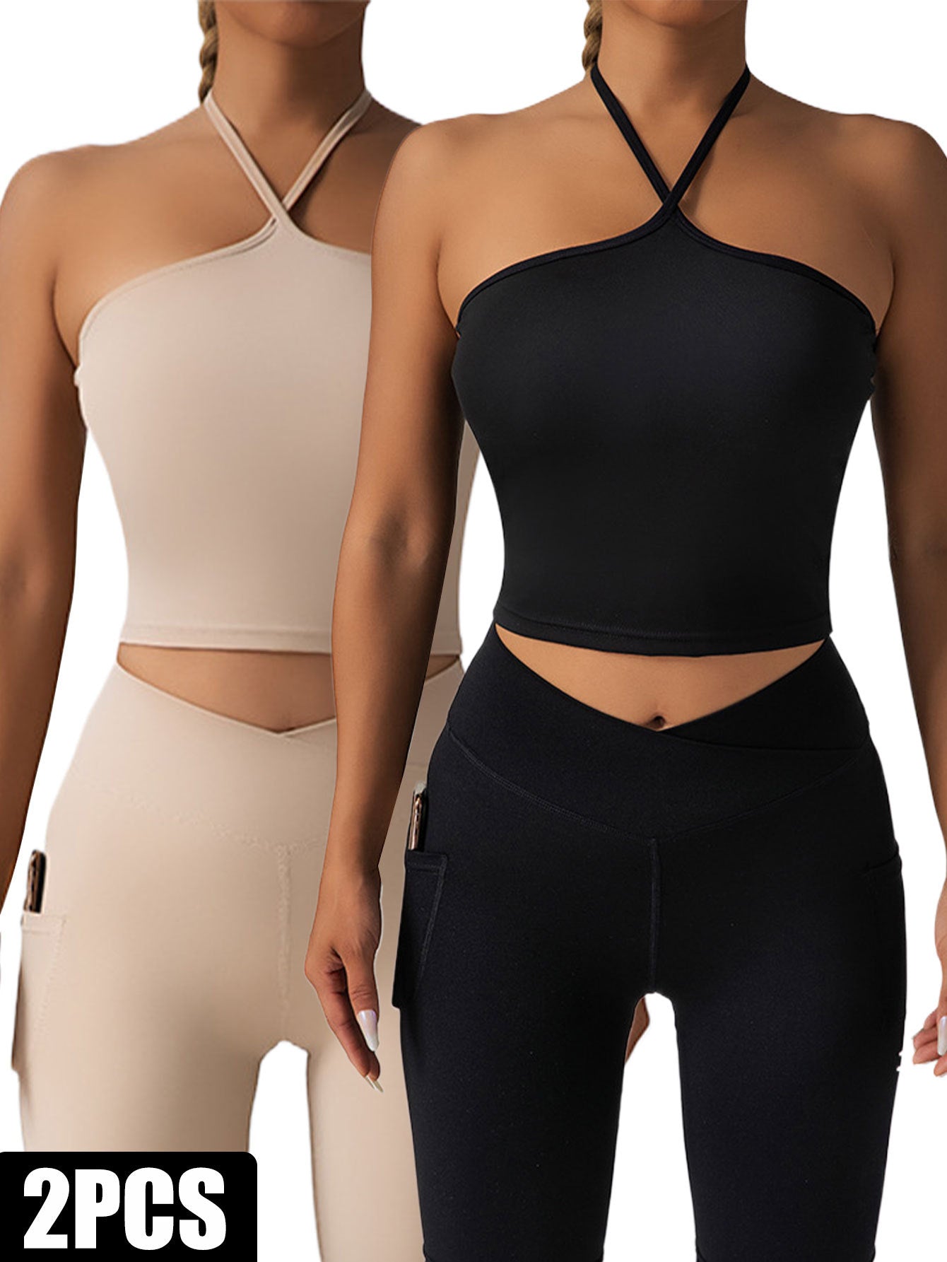 2-Piece Halter Crop Top & High-Waist Leggings Set – Activewear with Side Pockets