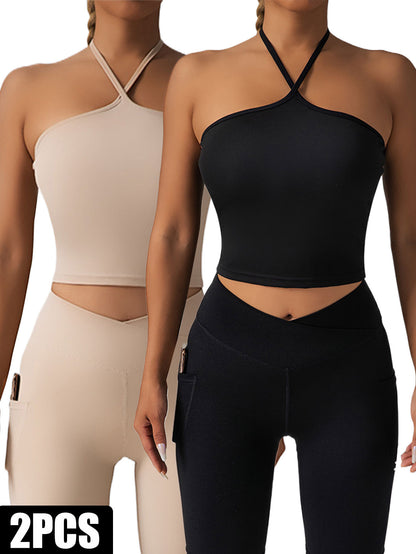 2-Piece Halter Crop Top & High-Waist Leggings Set – Activewear with Side Pockets