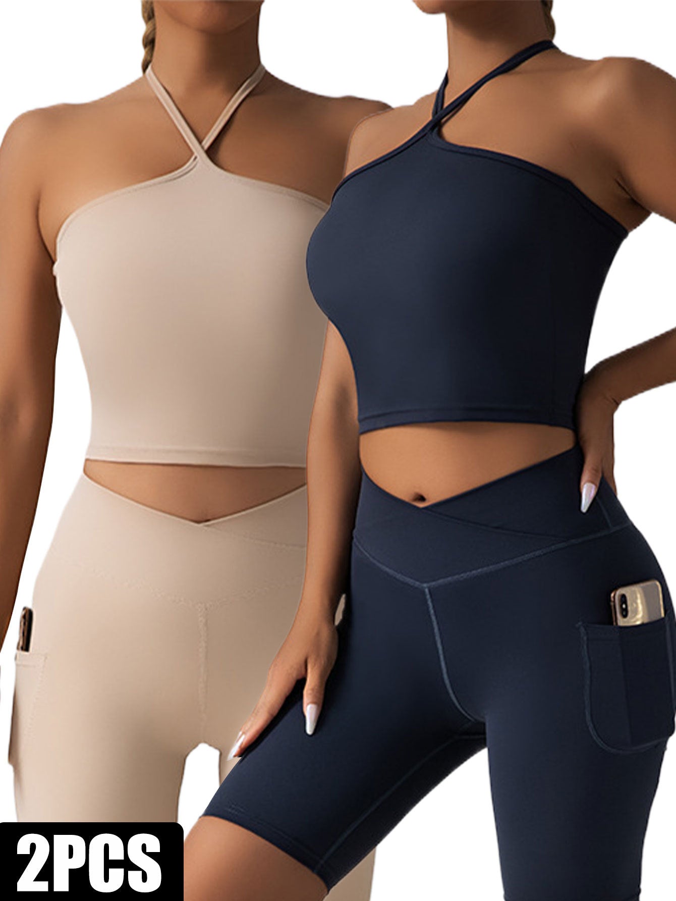 2-Piece Halter Crop Top & High-Waist Leggings Set – Activewear with Side Pockets