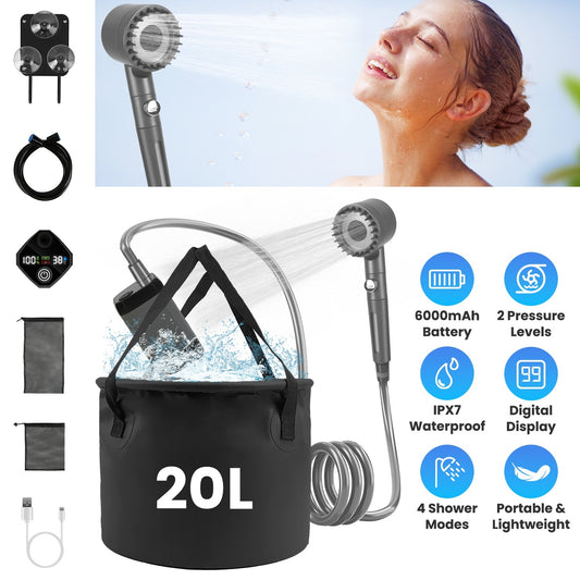 Portable Camping Shower Kit – IPX7 Waterproof w/ 6000mAh Battery & 5.3G Foldable Bucket