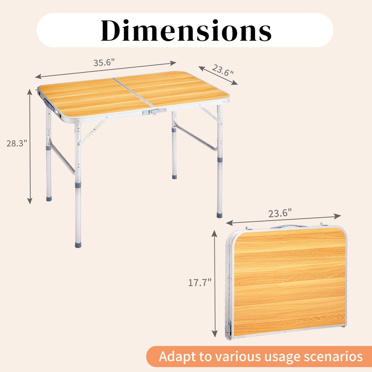 "3ft Wood Grain Folding Table - Outdoor Aluminum Alloy Rectangular Foldable Table with 50kg Capacity