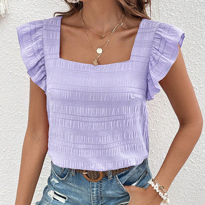 Women's Square Neck Ruffled Sleeve Short-Sleeve Blouse Vacation Casual Summer Top
