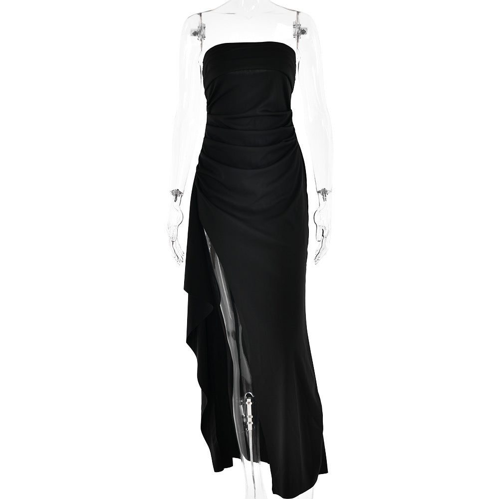 Elegant Strapless Maxi Dress – Pleated Design with High Slit