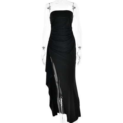 Elegant Strapless Maxi Dress – Pleated Design with High Slit